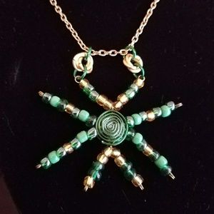 OOAK Handmade Green Gold Beaded Pendant Necklace